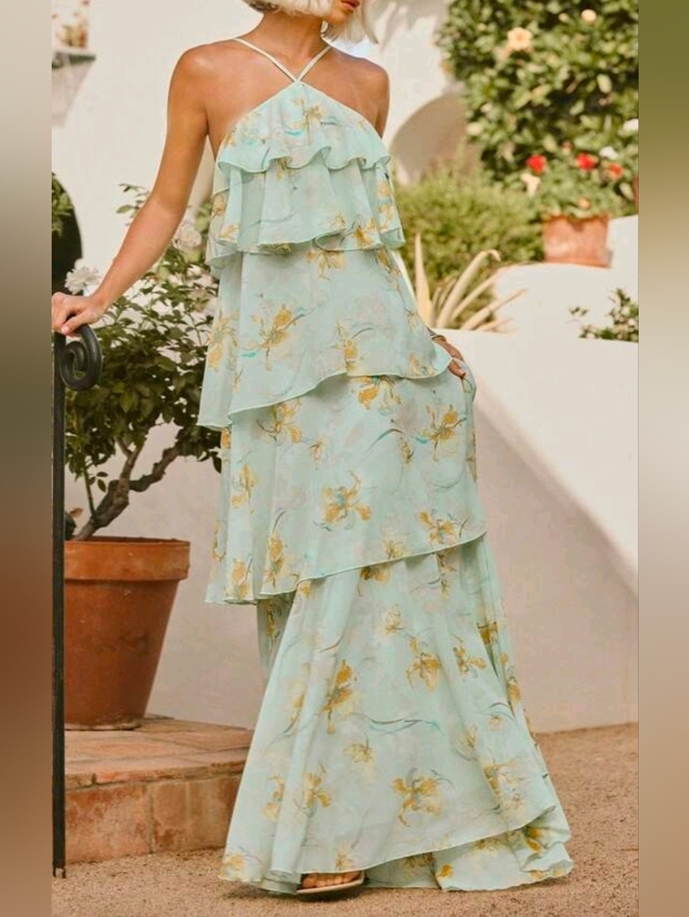 New Tiered Chiffon Ruffle Halter Maxi Dress Backless Floral Green - Picture 5 of 10
